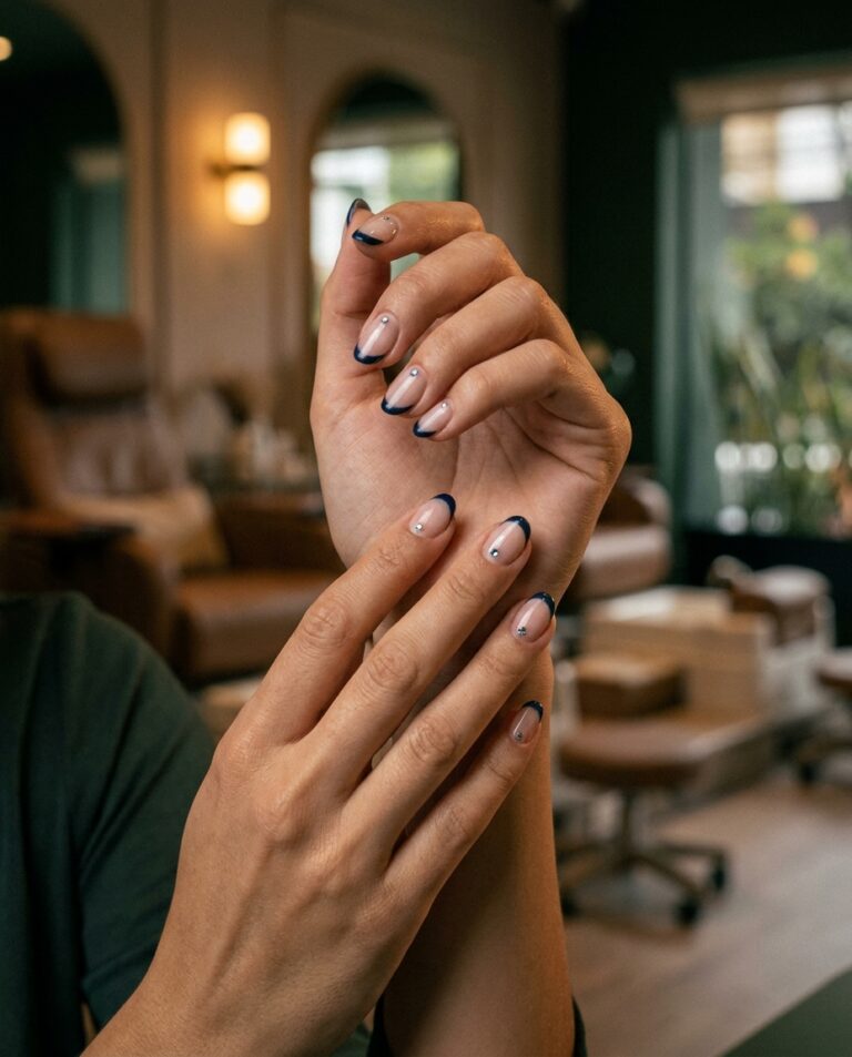 Manos con uñas de manicura francesa oscura y pequeños detalles brillantes, el toque final de estilo impecable de Nüva Nails & Spa Studio.