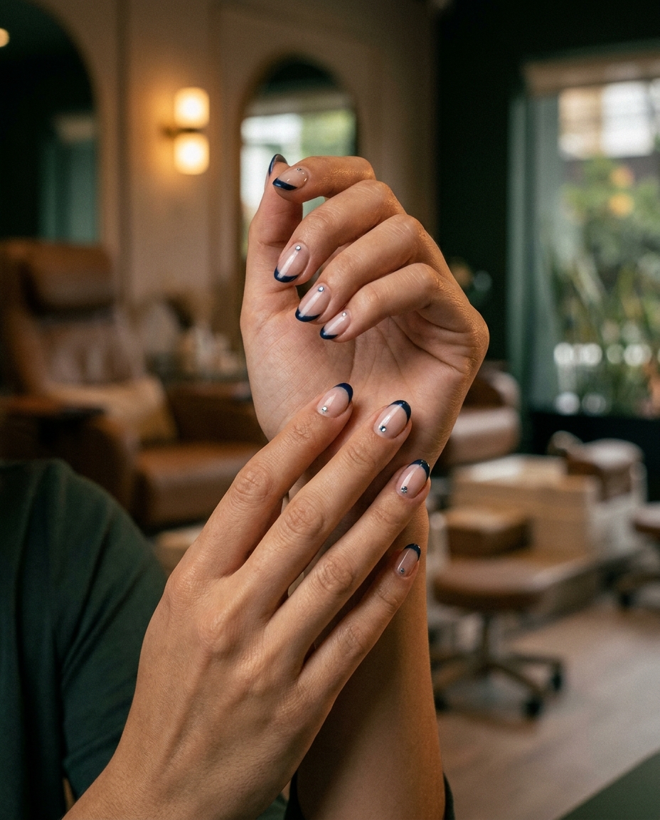 Manos con uñas de manicura francesa oscura y pequeños detalles brillantes, el toque final de estilo impecable de Nüva Nails & Spa Studio.