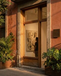 Desde la entrada de Taller Roma, una persona observa una obra abstracta en el circuito de arte independiente que define la Roma.
