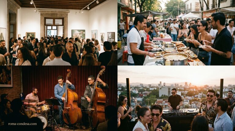 En Roma y Condesa, el fin de semana reúne visitantes en una galería, comida en un mercado, jazz en vivo y un DJ en una terraza.