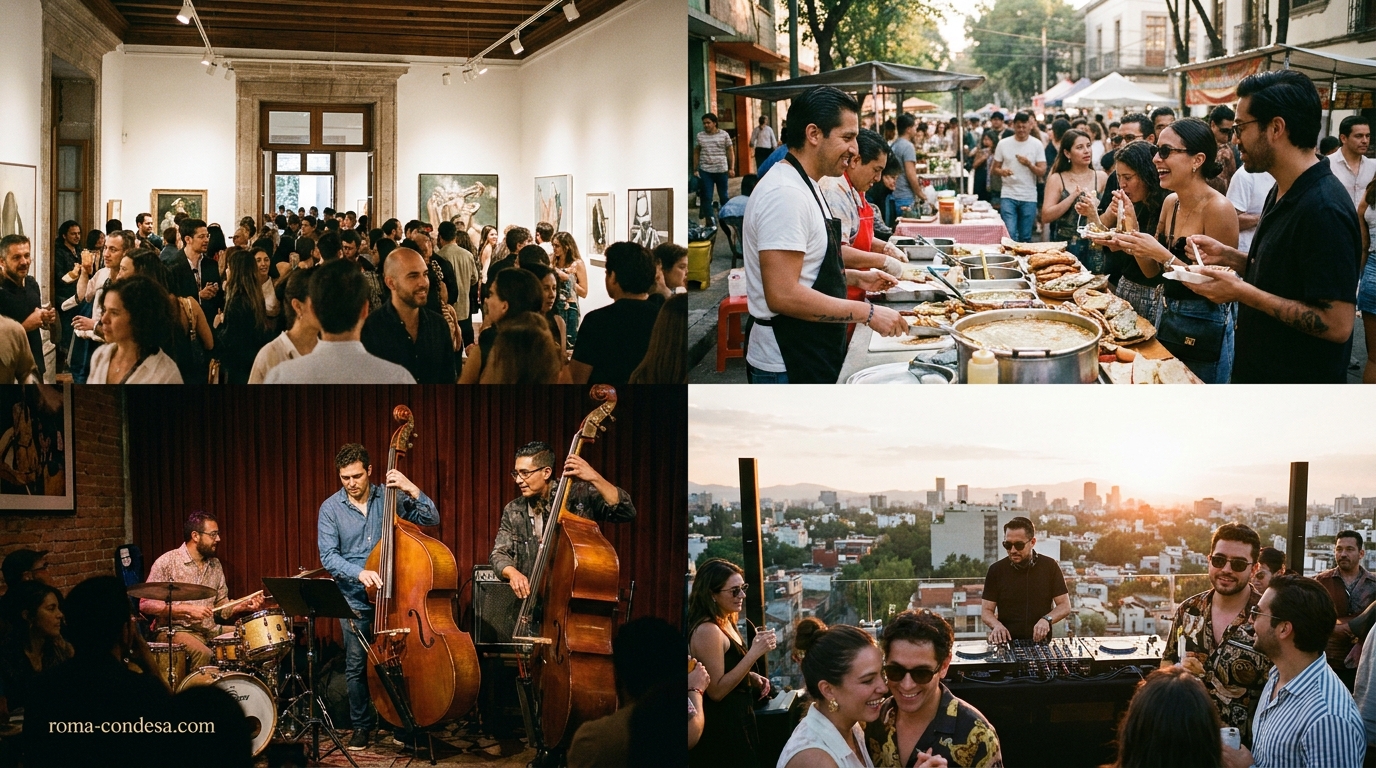 En Roma y Condesa, el fin de semana reúne visitantes en una galería, comida en un mercado, jazz en vivo y un DJ en una terraza.