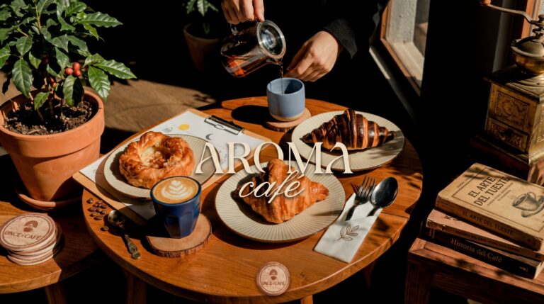 Una persona vierte café en una taza azul, junto a croissants y espresso; el rótulo «Aroma café» evoca el ritual del Día Internacional del Café.